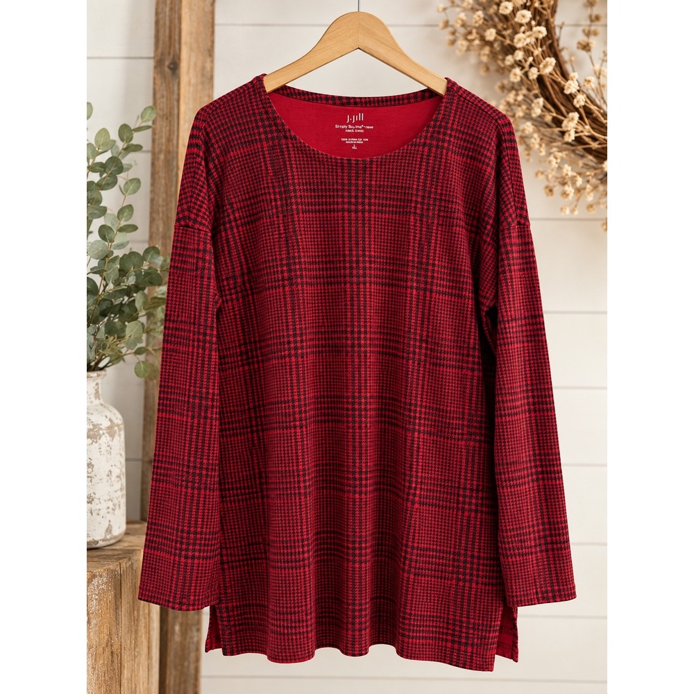 J. Jill Red Plaid Simply Supima Cotton Crew Neck Tunic Top Womens Large Tall